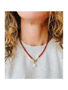 Gorgeous Carnelian Beaded Necklace Pearl Charm Gold Toggle Necklace Gemstone